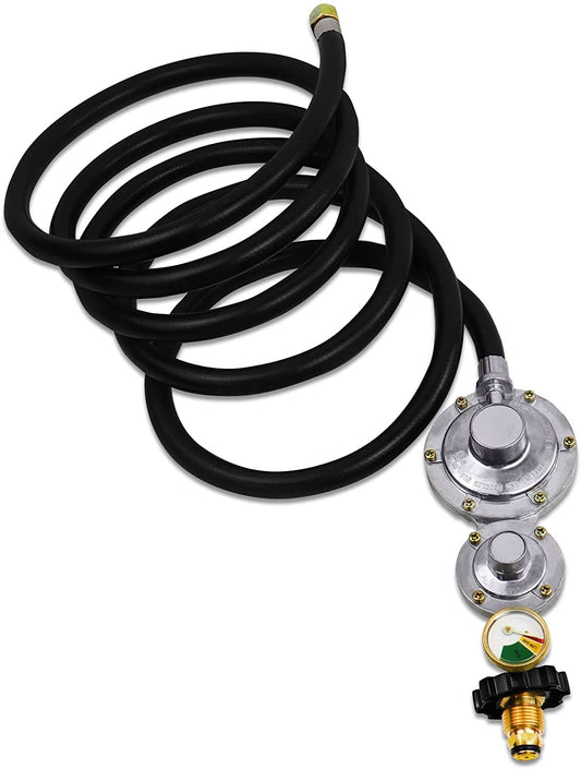 10 Ft Propane Hose with Dual-Stage Regulator and Gauge for Standard P.O.L Tank Connection, 3/8in Female Flare Fitting for Grill